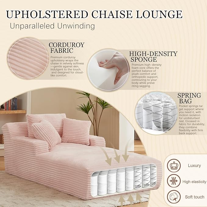 80 Inch Oversized Chaise Lounge Chair IndoorBoneless Corduroy Sofa Bed with Spring CushionDeep Seat Cloud Couch and Reading LoungerSoft Sleeper Sofa for Living RoomNo Assembly Required (Pink)