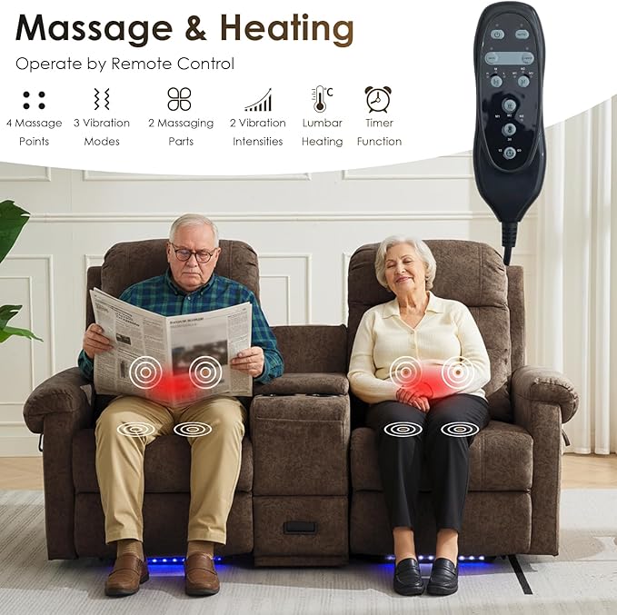 SAMERY Loveseat Recliner Sofa Power Lift Recliner for Elderly with Massage and Heat Electric Reclining Loveseat Sofa Couch with Console Cup Holder Outlets USB Drawer (Brown Lift Loveseat) | Eas