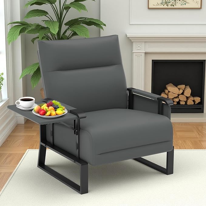 Faux Leather Accent Chair with Flip Up Tray Table Soft Backrest Side Pocket for Living Room Office Bedroom Leather Accent Chair Gray