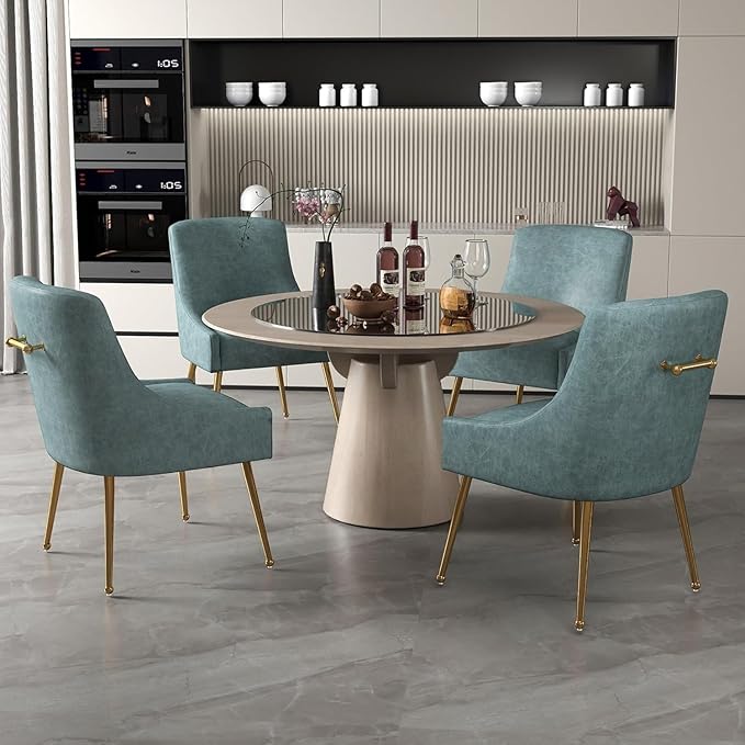Dining Room Chair Faux Leather Vanity Chairs Set of 2 Mid-Century with Metal Legs Upholstered PU Leather Luxury Accent Chairs Living Room Restaurant(Navy)