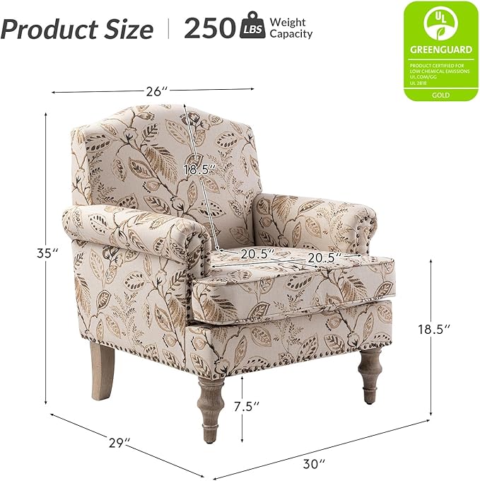 HULALA HOME Accent Armchair with Print Floral Pattern Comfy Upholstered Living Room Accent Chair with Retro Wooden Legs &amp Nailhead Trim Fabric Sofa Chair Reading Chair for Office Bedroom Gingen