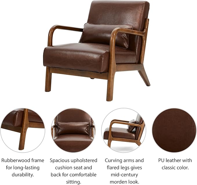 Glitzhome 2 Set Mid Century Coffee Accent Armchair Single Reading Armchair PU Leather Lounge Chair with Walnut Ruberwood Frame