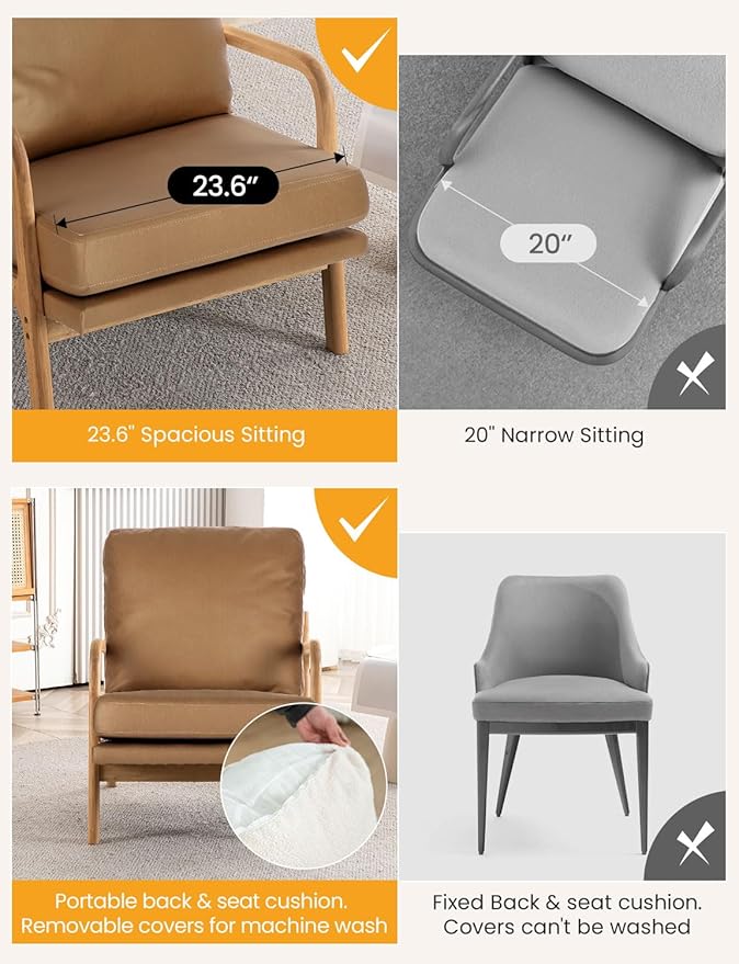 Mid Century Modern Accent Chairs for Living Room 23” Wide Comfy Chair for Bedroom Small Cozy Reading Chairs for Adults 108° Lounge Arm Chair Indoor with Detachable Cover 5.5 Foam Cushion