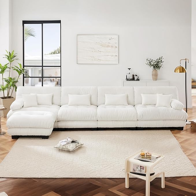 173.2 Deep Seat Modular Sofa Set Chenille Fabric Large Sectional Couches for Living Room 4 Seater Modern Cloud Couch with 1 Ottoman for Apartment or Bedroom L Shaped White