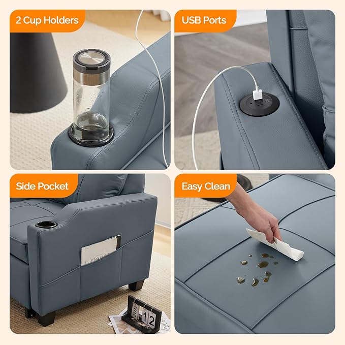 VINGLI 3-in-1 Convertible Sofa Bed Recliner with Adjustable Backrest USB Ports Cup Holders for Small Spaces Living Room