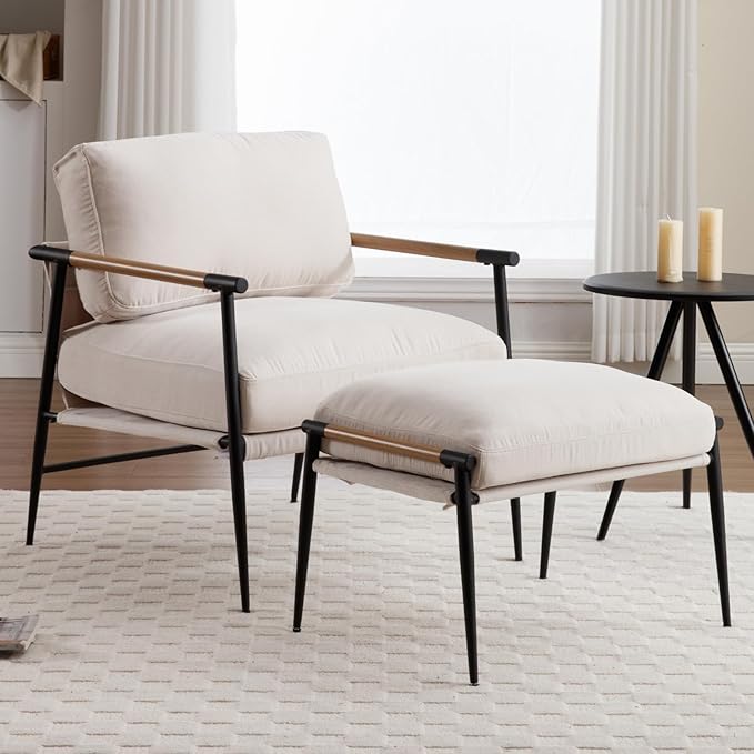 DUOMAY Mid Century Modern Accent Chair with Ottoman Set Chenille Beige Upholstered Living Room Chair with Metal Legs Lazy Lounge Chair Set with Footrest for Bedroom Living Room