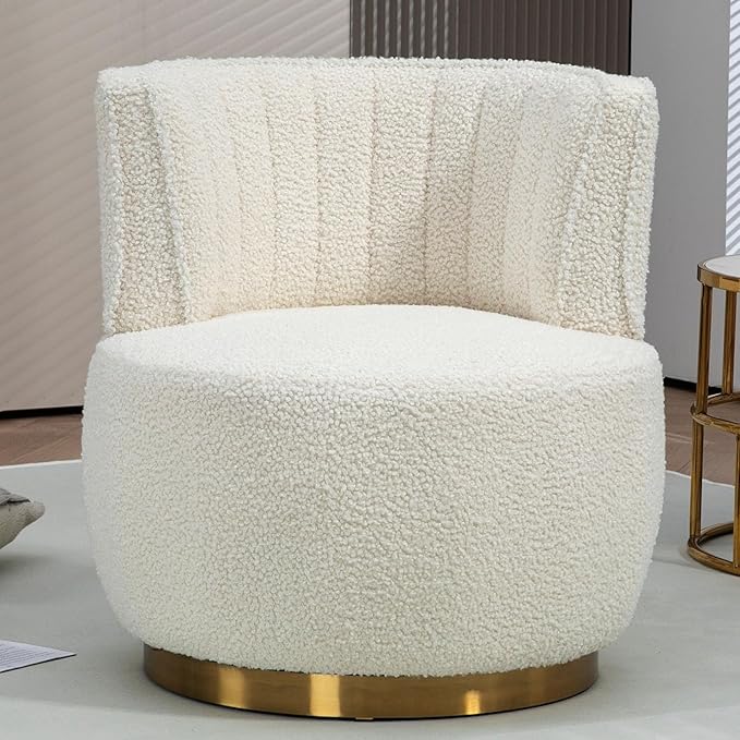 Small Barrel Chair Swivel Barrel Chair with Thicken Backrest Round Accent Chair for Living Room Bedroom Office Comfortable Velvet Fabric Soft High-Density Foam Padding (White)