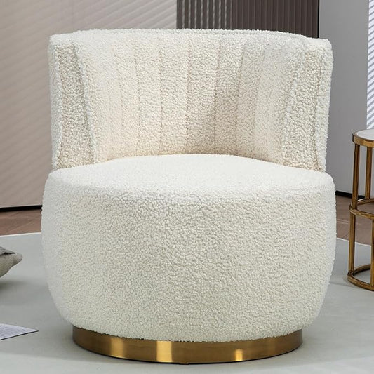 Small Barrel Chair Swivel Barrel Chair with Thicken Backrest Round Accent Chair for Living Room Bedroom Office Comfortable Velvet Fabric Soft High-Density Foam Padding (White)