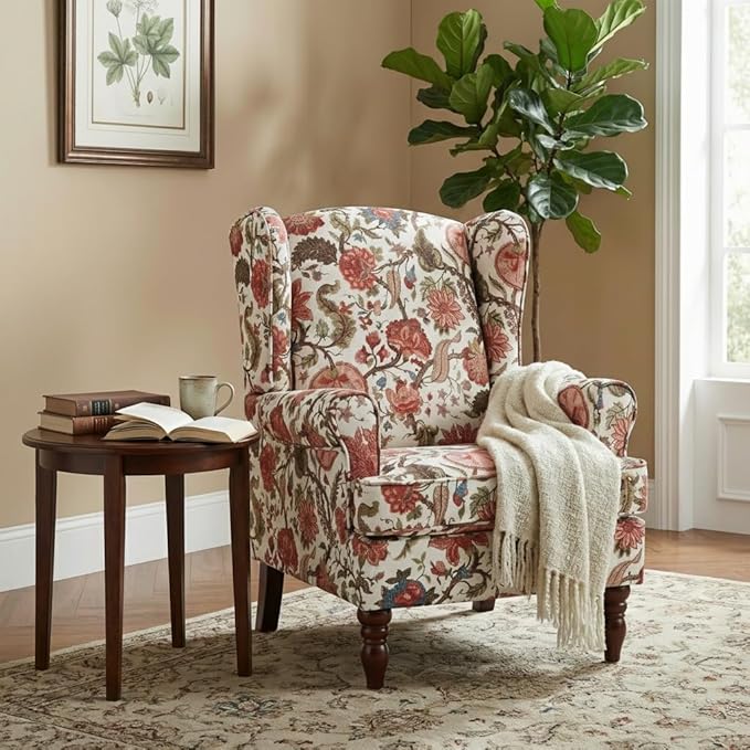 Mid Century Wingback Accent ChairModern Linen Fabric Upholstered Armchair with Retro Wooden LegsFloral Pattern Single Sofa ChairComfy Reading Chair for Living Room Bedroom Office (Floral Red)