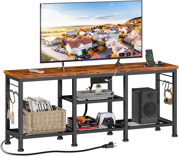 Furologee TV Stand with Power Outlets Entertainment Center with Open Storage Shelves for TVs up to 55 Inch Media Console Table with Soundbar Shelf for Living Room Bedroom Rustic Brown