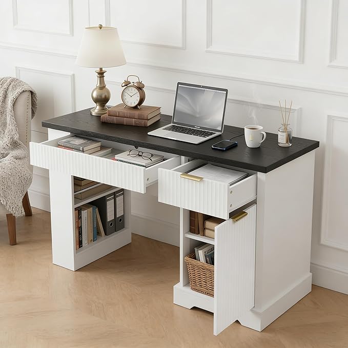 55“ Modern Fluted Executive Desk with Storage Wood Home Office Computer Desk with Drawers Charing Station Keyboard Tray Corner Workstation Writing Desk with Pegboard for Study Bedroom(White)