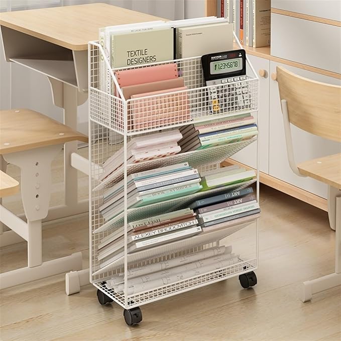 Rolling Filing Cabinet Desk Bookshelf Document Book Storage Shelf Floor Simple Bookcase Wheeled Cart Mobile File Cabinets(White)