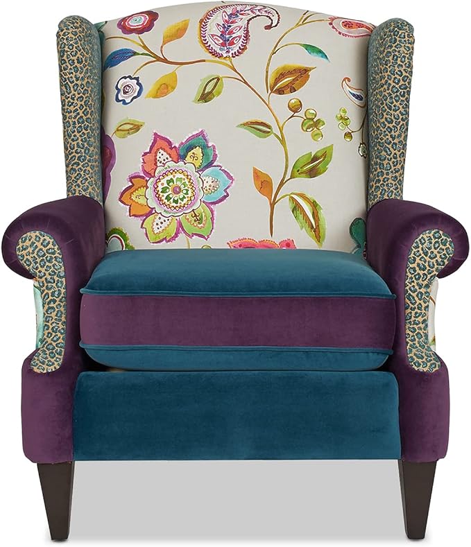 Jennifer Taylor J T Home Ayla Boho Chic Wingback Accent Arm Chair Floral &amp Leopard Blue-Teal &amp Purple Velvet