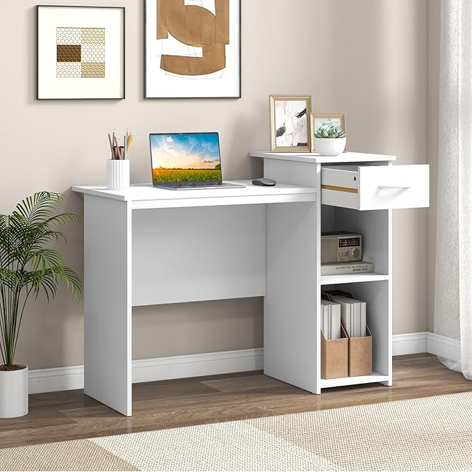 Tangkula White Desk with Drawer Modern Computer Desk with Adjustable Shelf &amp Cable Hole Compact Writing Study Desk Wooden Computer Workstation for Home or Office White