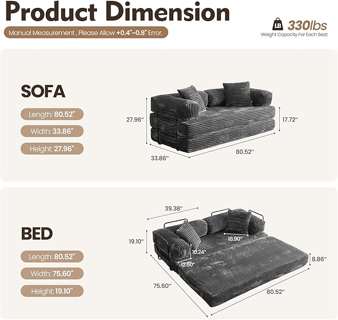4-in-1 Folding Convertible Sleeper Sofa Bed81 Plush Corduroy Boneless Couch Pull Out BedsLoveseat Floor Futon for Small Spaces Living Room Bedroom ApartmentGrey