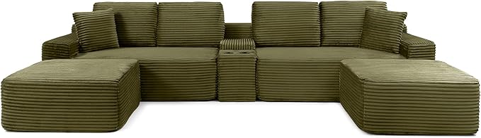 150 Inch Modular Sectional Sofa Couch Oversized Modern Cloud Couch for Living Room U Shape Couches with 2 Ottomans USB Ports and Cup Holders Green Corduroy Boneless Sofas Sofa in a Box