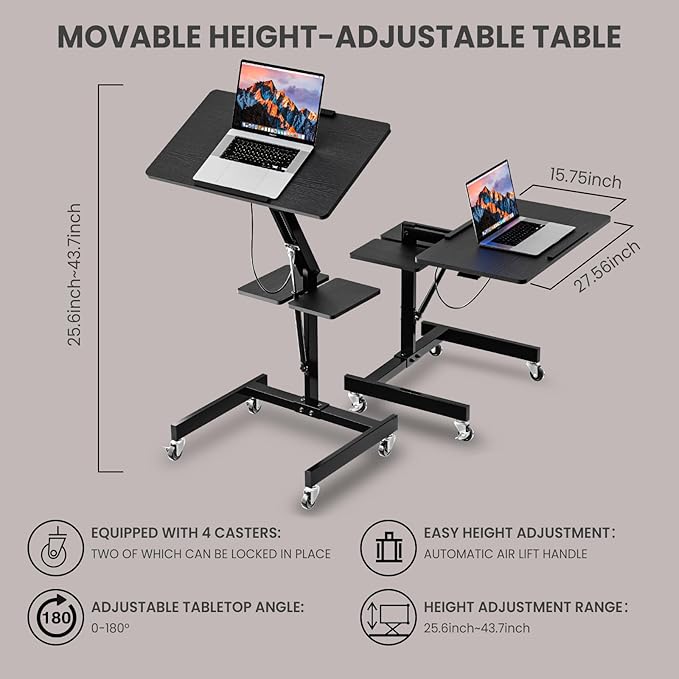 Mobile Standing Desk with Wheels Height Adjustable Laptop Table 27.56 Inch Portable Ergonomic Workstation with Locking Casters &amp Tilting Top Black