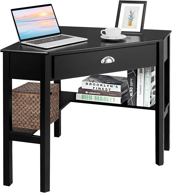 KOTEK Corner Desk with Drawer and Shelves Wooden Home Office Desk Triangle Computer Desk Writing Study Desk Computer Workstation Makeup Vanity Table (Black)