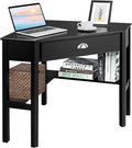 KOTEK Corner Desk with Drawer and Shelves Wooden Home Office Desk Triangle Computer Desk Writing Study Desk Computer Workstation Makeup Vanity Table (Black)