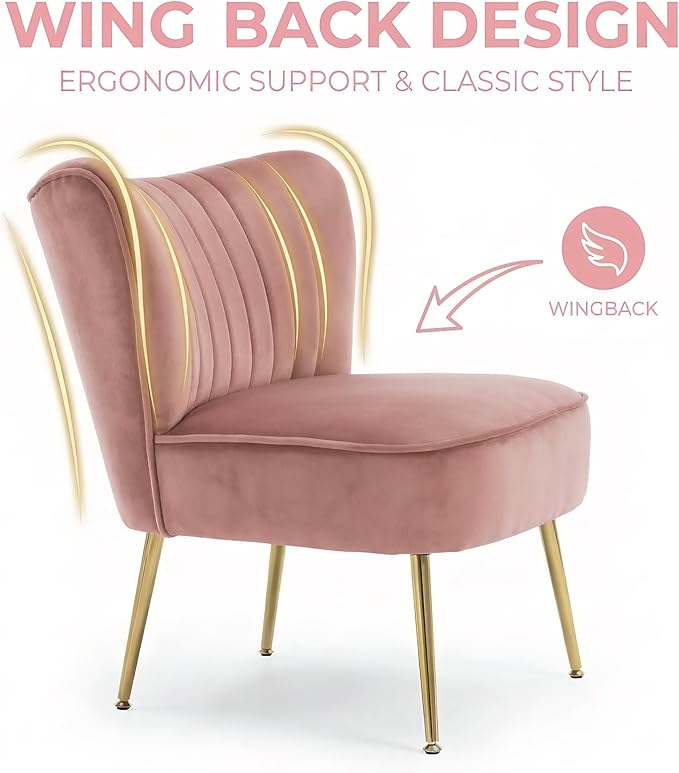 DUOMAY Modern Accent Chair Set of 2 Velvet Slipper Chair with Gold Legs Wingback Side Chair for Living Room Bedroom Entryway Small Corner Chair for Space Saving Blush Pink
