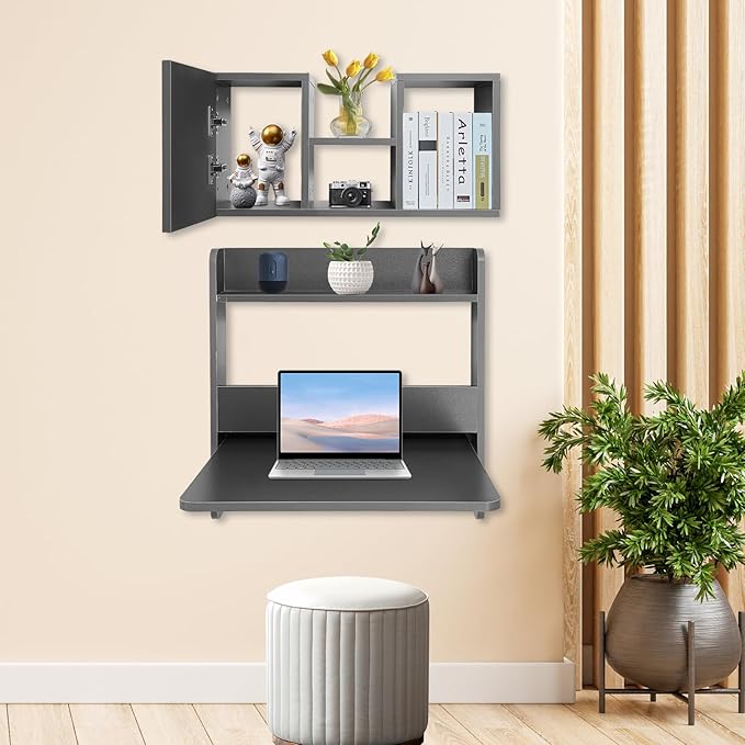 Wall Mounted Desk Fold Down Laptop Computer Table Floating Desk with Storage Compartments for Home Office Study Space Saving (Grey)