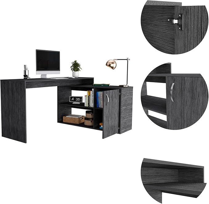 Penau L-Shaped Office Desk with 1 Drawer and 2 Shelves Smokey Oak Finish Corner Desk for Space Saving 59.64 Inches Wide Ideal for Home or Office Manufactured Wood Construction