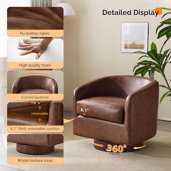 VINGLI 360°Swivel Accent Chairs Set of 2 with Engineered Wood Base and Removable Cushion for Living Room Bedroom Curved Back Barrel Chairs for Small Space Upholstered Bucket Armchairs Pu-Brown