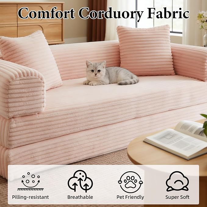 Folding Convertible Sleeper Sofa Bed Corduroy Upholstered Boneless Couch with Pillows Modular Floor Sofa Compression Couch for Living Room No Assembly Required (Pink)