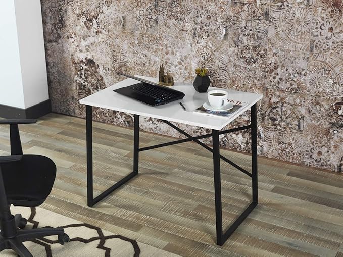 Furnish Home Store Lator Black Metal Frame 35 Wooden Top Small Writing and Computer Desk for Teens Bedroom White