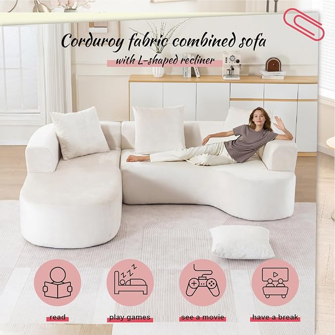 100''Oversized Sectional Sofa with Chaise for Living RoomModern Luxury Chenille 3-Seater Sofa Extra Wide Seat L-Shape Curved Cloud Couch with 3 Throw Pillows (Beige 100)