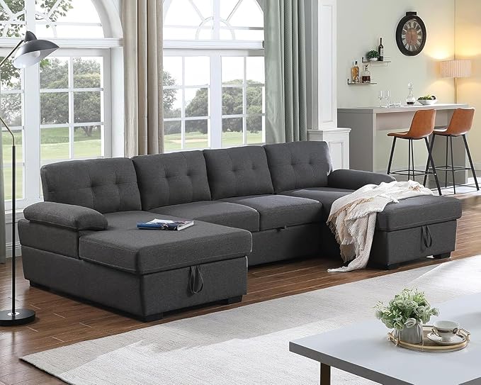 120 U-Shaped Sectional Sleeper Sofa with Pull Out Bed &amp Storage Chaise Lounge Convertible Sofa Bed Couch Functional Modular Sectional Sofa for Living Room Apartment (Dark Gray 4 Seats Sofa Bed