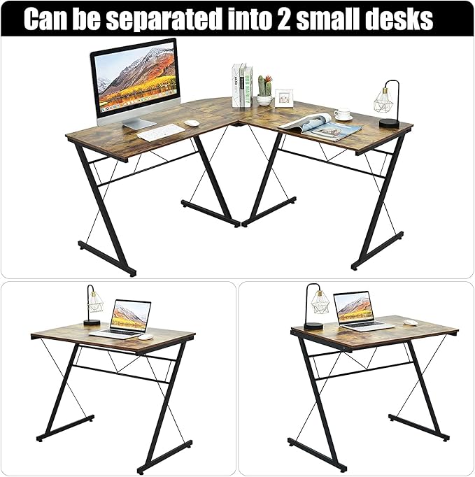 GRAFFY L-Shaped Computer DeskGaming Corner Desk Writing Workstation with Large Monitor Stand Study Desk with Round Corner Multifunctional Home Office Desk (Brown)