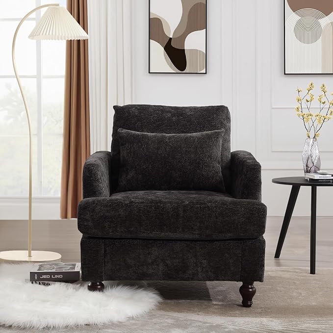 KINFFICT Modern Accent Chair for Living Room Upholstered Single Sofa Chair with Lumbar Pillow Comfy Armchair with Thickened Cushion Living Room Chairs for Bedroom Office Black Chenille