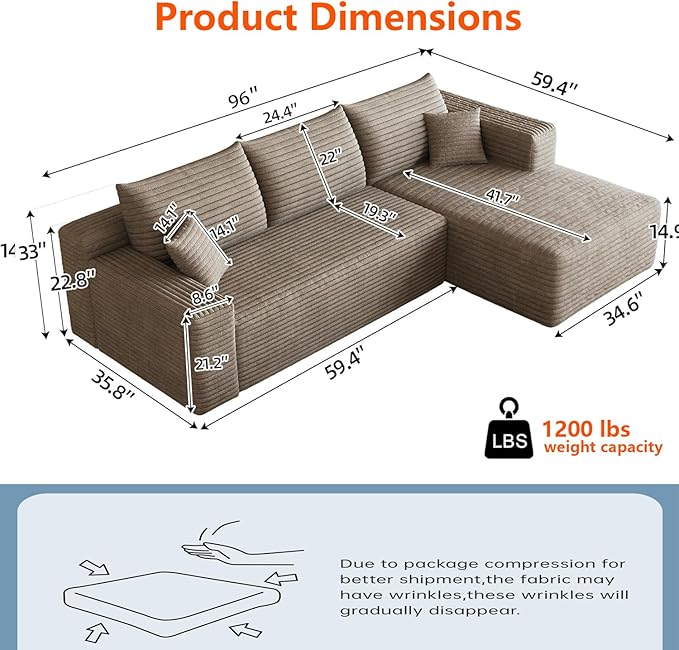 Boneless L-Shaped Modular Couch - 96 Inch Cloud Corduroy Sectional SofaDeep Seating Comfort No Assembly Ideal for Apartments &amp Small Living RoomsCamelRight Facing