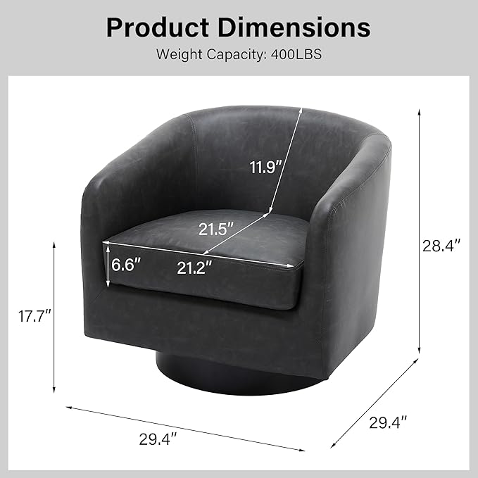 Swivel Barrel Chair Modern Round PU Leather Accent Armchair for Living Room Bedroom Oversized Comfy Club Reading Chairs for Adults (Leather Black Grey Set of 1)