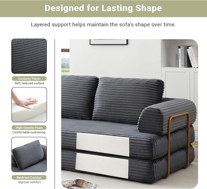 80 Convertible Sofa Bed Modern Corduroy Sleeper Sofa Folding Floor Couch with Golden Fixed-Shape Frame Grey Boneless Loveseat Sofas Bed for Living Room Bedroom No Assembly Needed