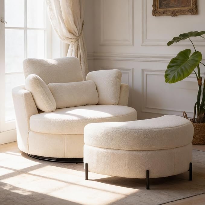 Aoiy &amp Wifon 50.2'' W Oversized Swivel Barrel Chair with Storage Ottoman Ivory Round Accent Chair with Half Moon Ottoman for Living Room Deep Seat &amp Extra Wide Sherpa