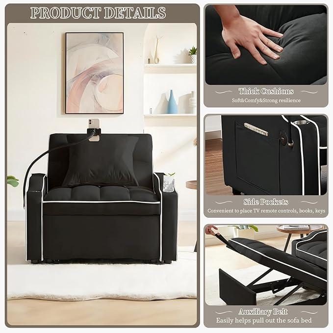 Convertible Sleeper Sofa Chair Bed 3 in 1 Velvet Single Small Futon Sofa Bed with Phone Holder &amp USB PortsPull Out Couch Recliner with Adjustable Backrest for Living Room Office Small Place(Bl