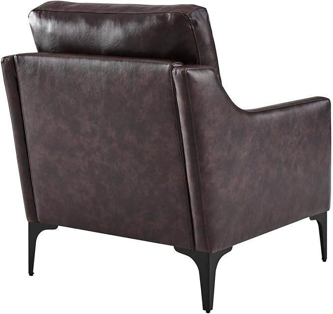 Pemberly Row Modern Leather and Metal Armchair 33.5 in H x 28 in W x 32 in D Brown Finish Upholstered Accent Chair with Spring Coil Support Mid-Century Style for Living Room or Home Office Use