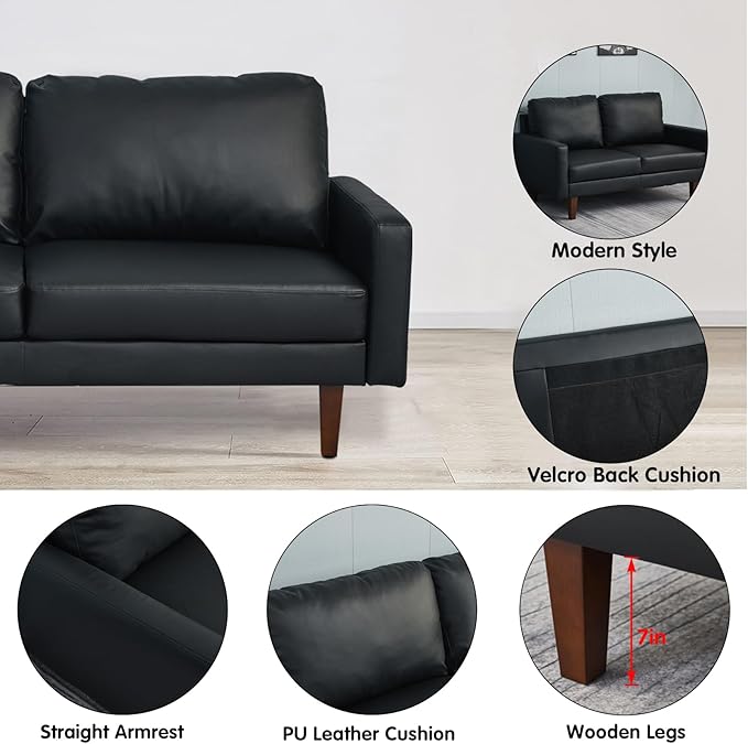 Faux Leather Sofa Mid-Century Modern Couch with Wooden Legs for Living Room Office Black