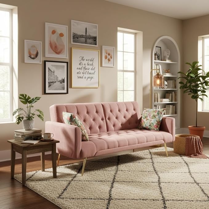 Futon Sofa Bed Convertible Futon Couch with Adjustable Backrest 68.31” Folding Sofa Bed with 2 Pillows &amp Metal Legs Sleeper Loveseat with Armrest for Home Office Pink