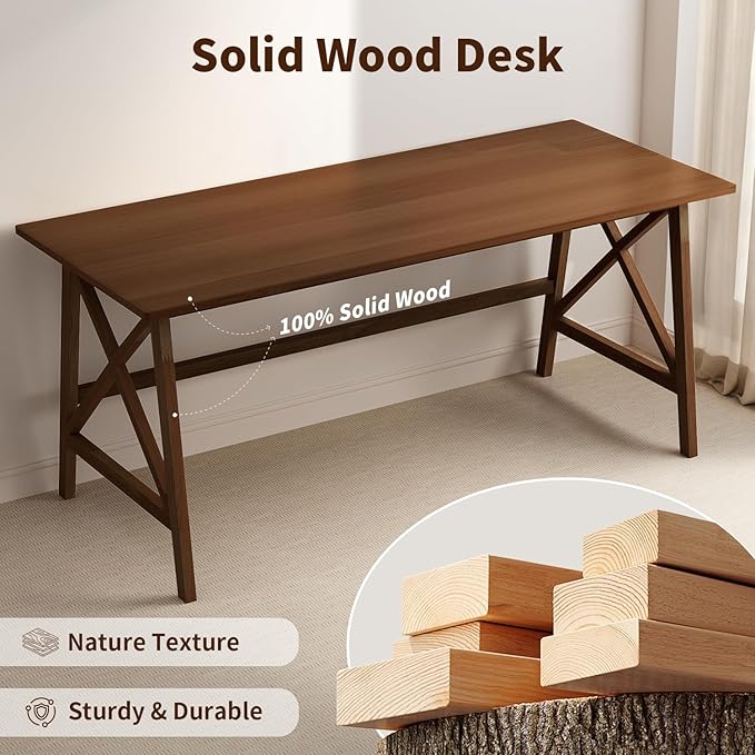 Modern Solid Wood Desk - 60 Simple Computer Table for Home Office Study Writing Workstation in Walnut 60 W x 24 D