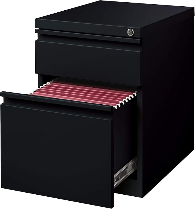 20 Inch Deep Metal Mobile Pedestal File 2 Drawer Box-File with Full Width Pull for Home and Office Holds Letter Width Hanging Folders Black