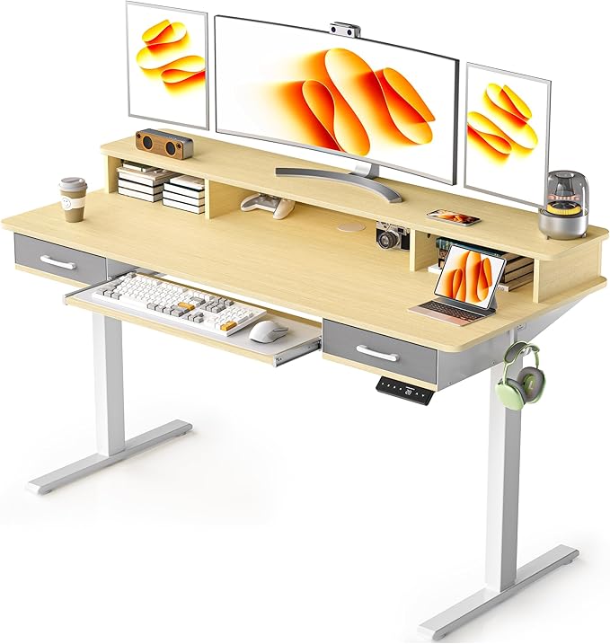63 Inches Electric Standing Desk with Keyboard Tray Height Adjustable Sit to Stand Table with 2 Drawers Ergonomic Home Office Desk with Storage Shelf Computer Table Oak