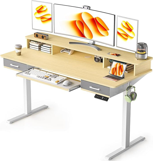 63 Inches Electric Standing Desk with Keyboard Tray Height Adjustable Sit to Stand Table with 2 Drawers Ergonomic Home Office Desk with Storage Shelf Computer Table Oak