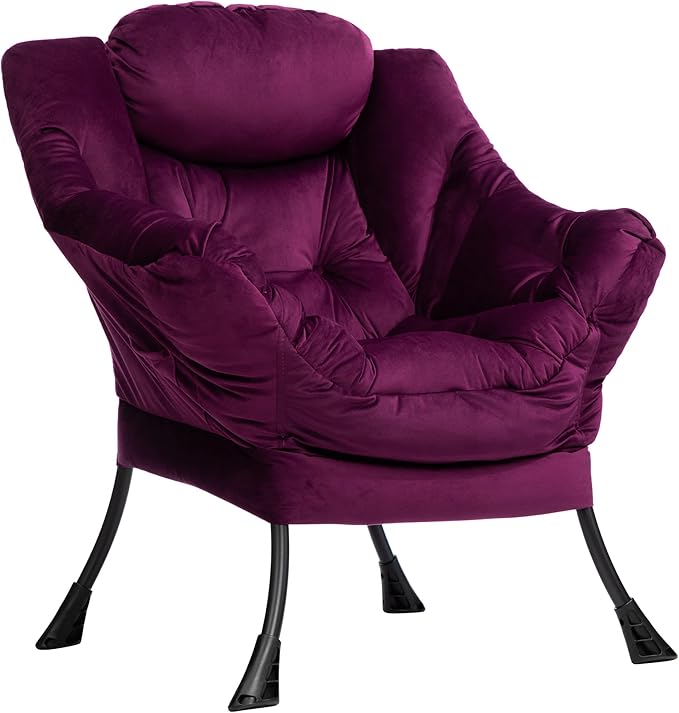 HollyHOME Lazy Chair with Armrest and Side Pocket Comfy Accent Lounge ChairLeisure Sofa Armchair for Living Room Bedroom Dorm or Small Spaces Oversized Reading Sofa ChairVelvet Deep Purple