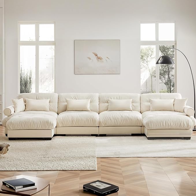 166 Oversized Couch 4 Seater Modular Sectional Sofa Beige White Large U Shaped Sectional Couches Fluffy Couch Set 4 Seater Velvet Cloud Couches with Ottoman Sofas for Living Room