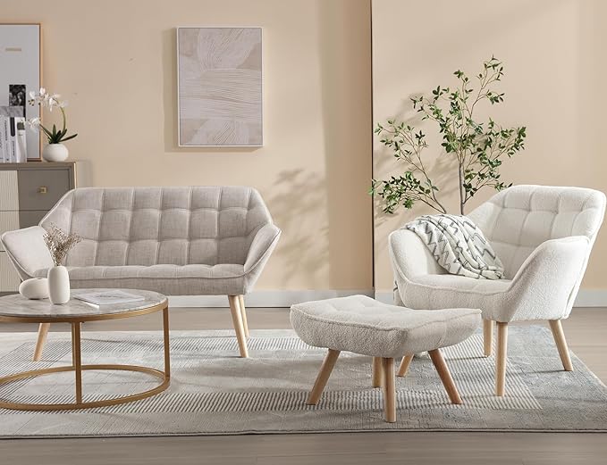 Sherpa Accent Reading Chair with Ottoman Modern Fuzzy Chair with Ottoman Upholstered Armchair with Wood Legs Comfy Lounge Chair for Small Spaces Living Room Bedroom Book Nook White
