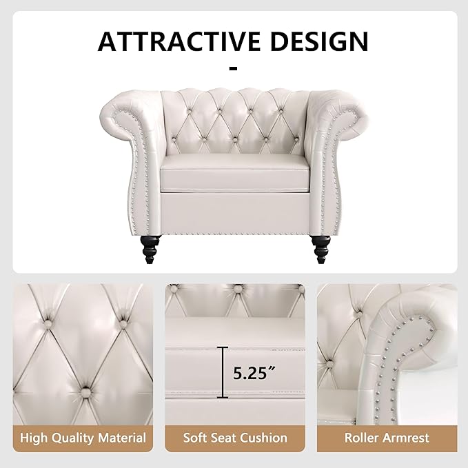 Accent Sofa Chair for Living Room Modern PU Leather Upholstered Armchair Oversized Comfy Single Sofa Chair with Cushion Mid Century Tufted Chesterfield Sofa Couch for Bedroom Apartment (White)