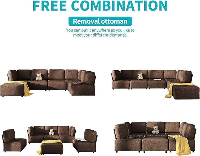 BALUS 120 Sectional Sofa for Living RoomU Shaped Modular Sofa Couch with Ottoman 6-Seat Oversized Sleeper Sofas Deep Seat for Apartment Home OfficeLinen Fabric Brown
